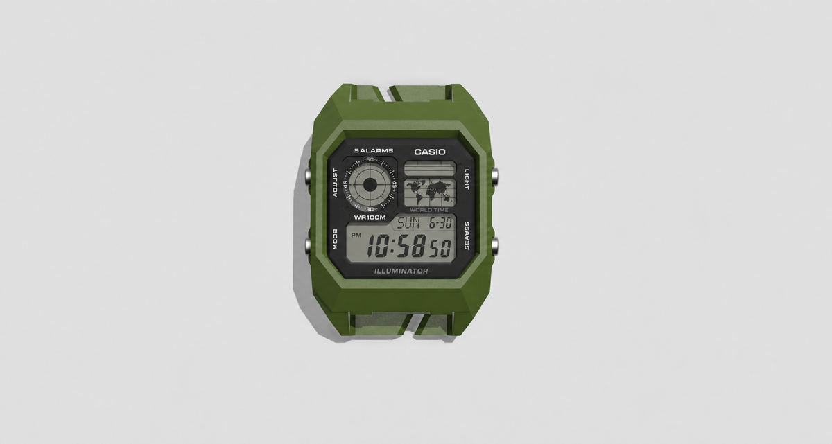 Casio AE1200WH watch in olive green — the watch the ProtoWorx AE1200 Molle Case is built to carry.