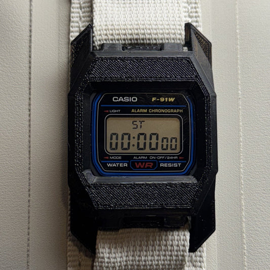 PROTOWORX F91 MOLLE Case in Stealth Black, mounted on MOLLE webbing with a Casio F-91W seated in the case